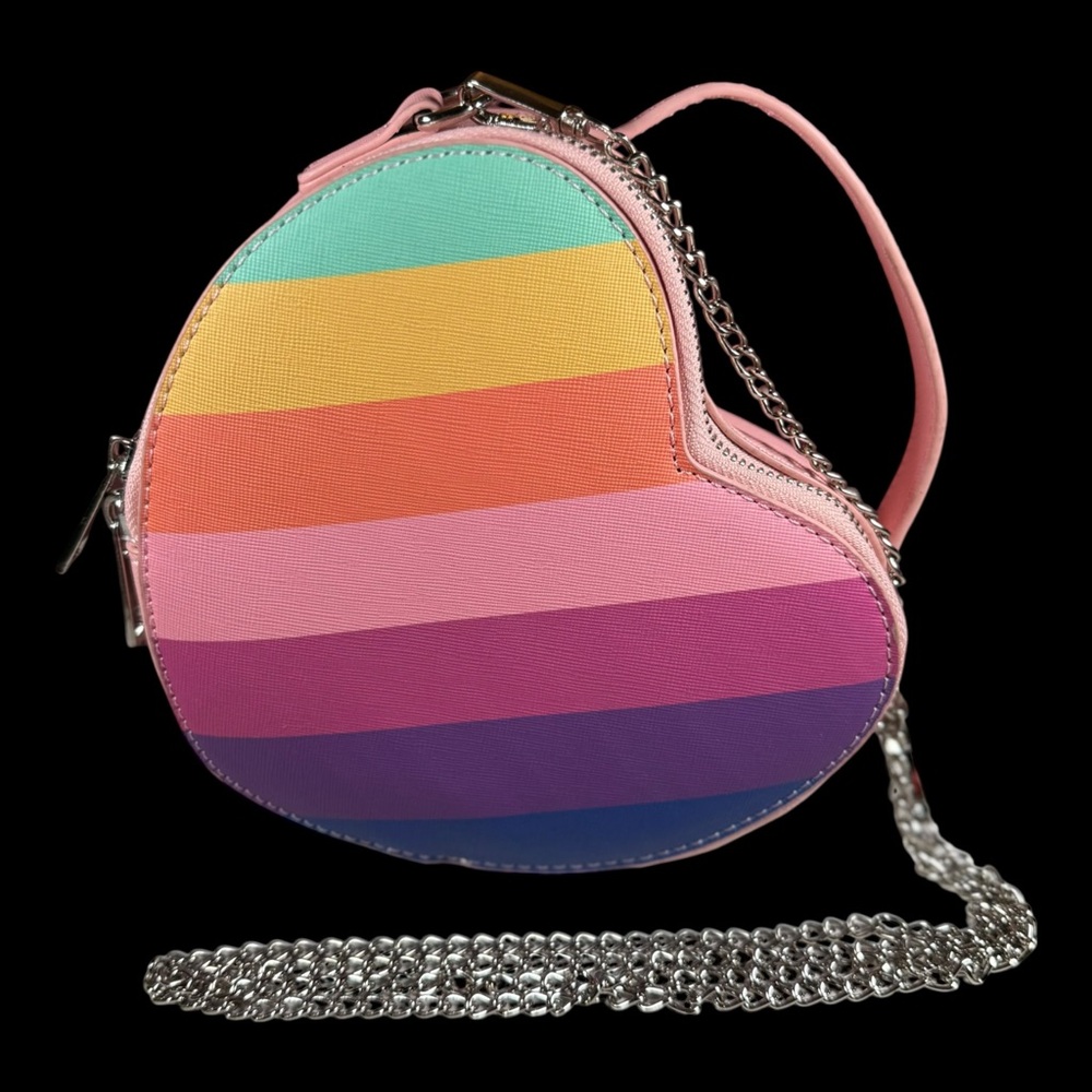 Heart-Shaped Rainbow Stripe Crossbody Bag - Pink Trim